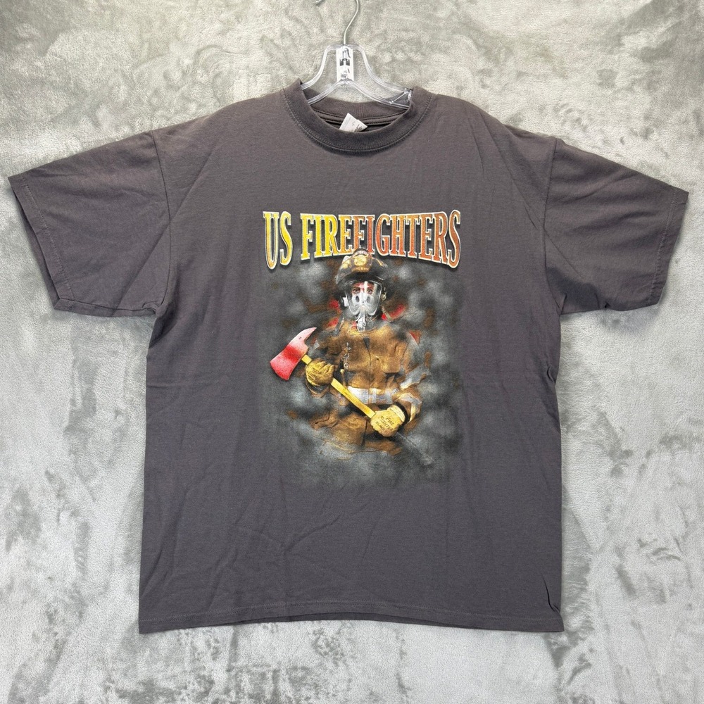 Anvil US Firefighters Graphic T-Shirt Mens Large‎ Charcoal Grey Cotton Tee
